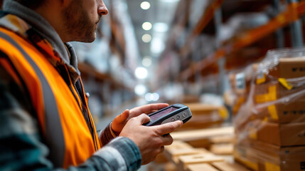 Faceless worker with handheld scanner making inventory review of goods in warehouse barcode scanning stock management logistics operation inventory control distribution center