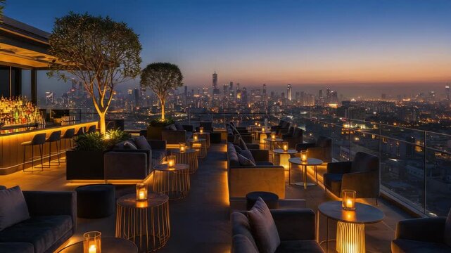 Evening rooftop bar scene cityscape dusk lighting