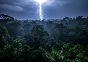 Dramatic Lightning Strike Over Lush Green Rainforest Canopy.