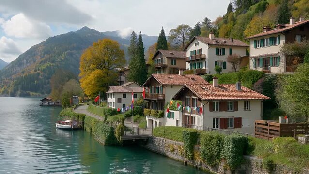 View of a Settlement Situated on the Shoreline of a Large Body of Water Under Overcast Weather