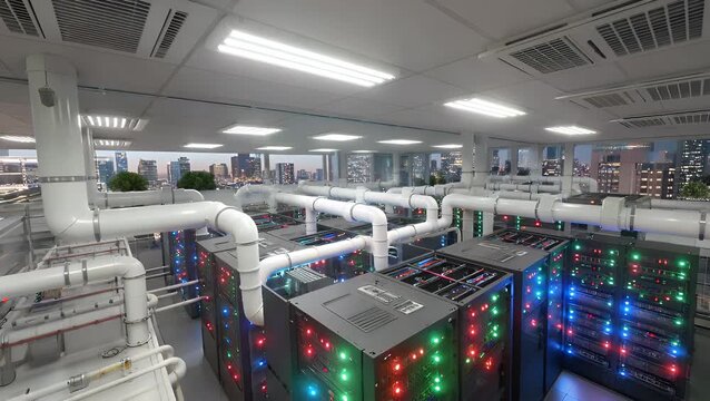 three-dimensional high-fidelity render depicting a data processing facility's infrastructure  including rows of computer hardware cabinets  set against a stylized urban