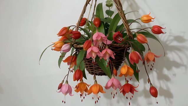 floral container holding a variety of blooming begonia plants casting soft shadows against a plain white