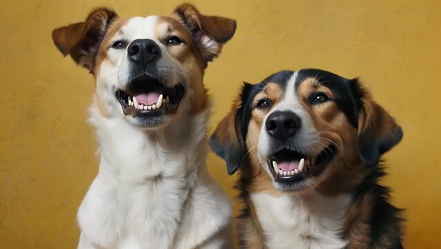 distinct canines exhibiting joyful expressions with their eyes shut against a yellow-toned natural