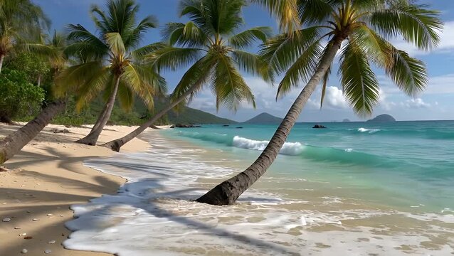 Tropical Landscape of a Beautiful Secluded Island with Turquoise Ocean Waves Crashing onto a Sandy Shore Lined with Coconut Palm