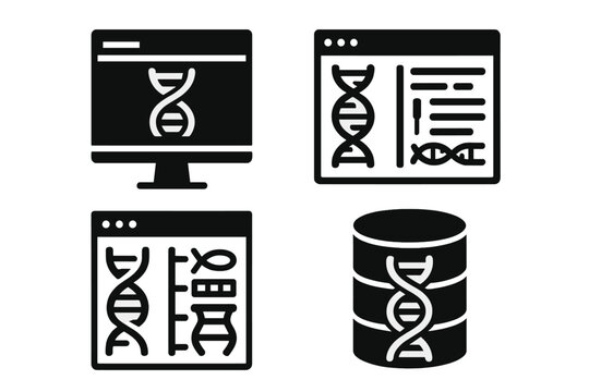 Bioinformatics Icons Collection. Solid style icons of interface and software: DNA GUI dashboard, sequence editor window,
