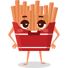 Anthropomorphic French Fries Character with Googly Eyes and Pink Cheeks Standing Firmly with Hands on Hips