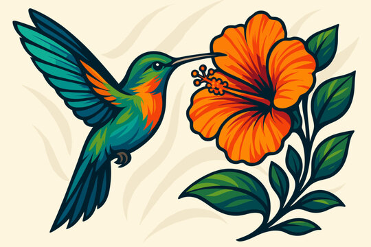 Hummingbird and Flower. Brightly colored hummingbird hovering near a vibrant flower, sharp details and dynamic vector illustration