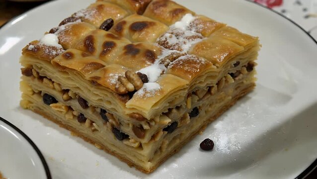 Aerial View of a Traditional Sweet Pastry Composed of Thin Layers of Dough  Nuts  and