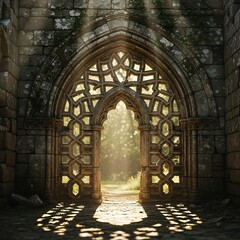 Ancient Gothic Archway with Sunlight Streaming Through Ornate Stone Carvings.