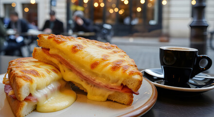 Classic French croque monsieur with golden cheese crust, presented in cozy café setting, natural light ambiance