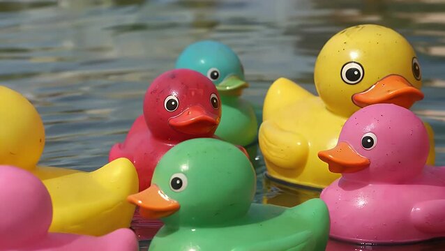 Tightly Framed Shot of a Yellow Bath Toy Depicting an Aquatic Bird Acting as a Guide for a Group of Similar Toys  Symbolizing