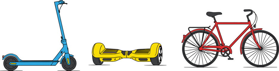 Electric scooter, hoverboard, and bicycle vector illustration, personal transport devices, modern and traditional commuting options, urban mobility concept for stock content