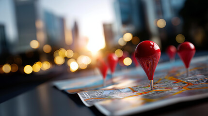 Routes with red pins on city map concept on adventure discovery navigation communication logistics geography transport travel topics urban planning route optimization bokeh