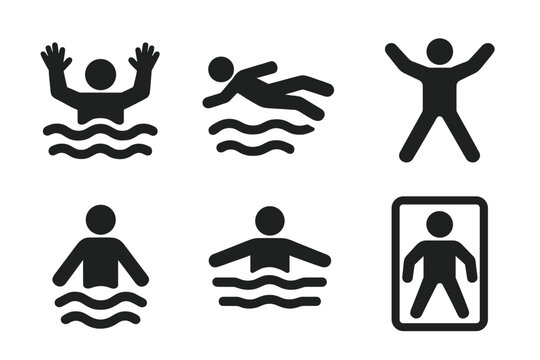 Sinking Posture Icons. Solid style icons of sinking body posture visuals: arms out glyph, back float icon, leg spread badge. Body