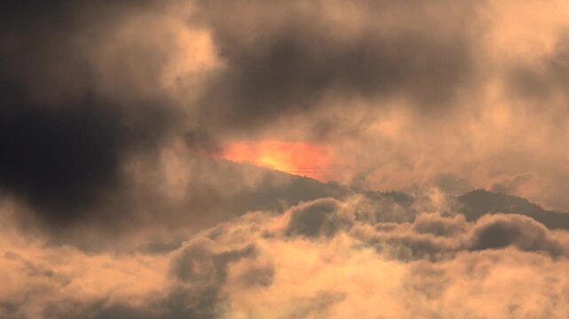 Sky covered with black and red smoke in forest fire
