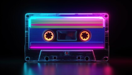 Obraz premium Neon Disco 80s Party Invitation: Vintage Cover Design With Cassette Tape For Retro Eighties Event. Easy Event Template For 1980s Fashion Celebration.