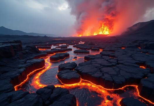 Eruptive Lava Field Hardened Volcanic Rock Fiery Display Geological Marvel