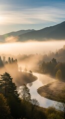 Misty River Valley - A Serene Landscape at Dawn.
