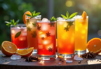 Fototapeta premium Colorful Handmade Mocktails Garnished with Fresh Herbs and Spices in Elegant Glassware