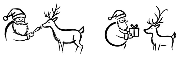 Brush‑Stroke Santa and Reindeer Mini Icon Set – Elegant Black Ink Christmas Vector Graphics