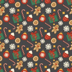 Winter Seamless New Year Pattern - Gingerbread Man, Hot Drink, Candy Cane, Gift - Holiday Christmas Print, Xmas Paper