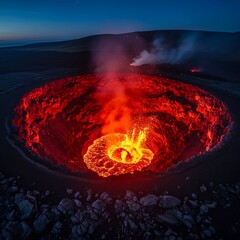 Dramatic Night View of Erta Ale Volcanos Fiery Lava Lake in Ethiopia.