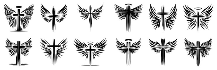 Fototapeta premium Angel Cross Logos with Wings and Halo – Stylized Religious Emblem Icon Vector Illustration