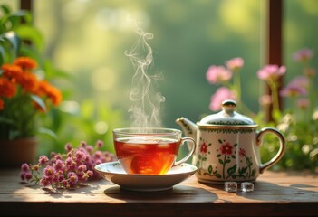 Fototapeta premium Elegant Teaware Amidst Lush Nature Frame Serene Ambiance and Tranquil Moments Unmatched Charisma