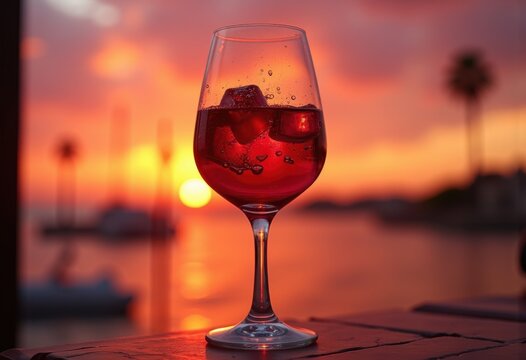 Elegant Wine Glass Silhouette Against Dramatic Sunset Sky Reflections Atmospheric Colors