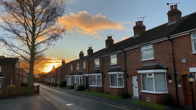 dwellings constructed with characteristic reddish brick facades during the golden hour of sunset  depicting a primary thoroughfare in a recently developed