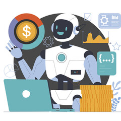 Artificial Intelligence Robot Managing Global Business Data Analytics and Financial Growth With Laptop and Stack of Coins Illustration