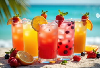 Fototapeta premium Vibrant Colorful Cocktails with Fresh Fruit Garnishes Tropical Escape Refreshing Beverage Art