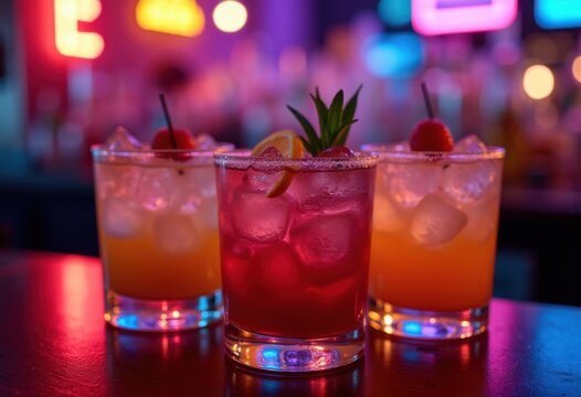 Vibrant Neon Cocktail Bar with Luminous Drinks and Dynamic Atmosphere Offering an Extravagant Nightlife Experience