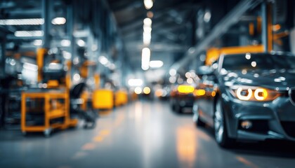 Garage Shop With Blurry Car And Repair Station: Mechanics Performing Maintenance And Checkups On Vehicles In Business Setting.