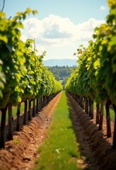 Fototapeta premium Stunning Rows of Grapevines Torching Radiant Sunlight In Enclosed Vineyard Blissful Agriculture Aesthetics