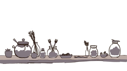 Charming kitchen table with jars and herbs for potion making and culinary uses in a line art style
