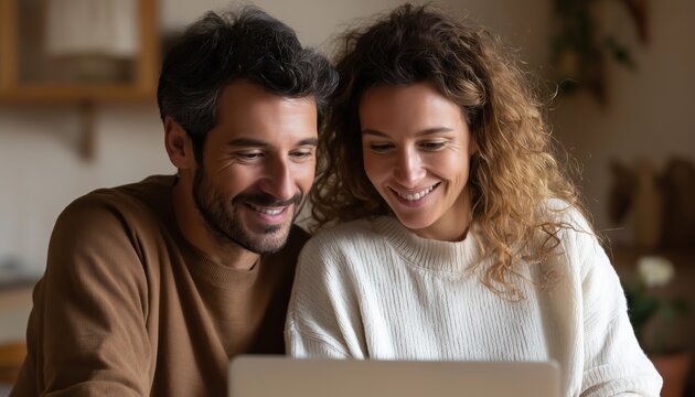 Happy Couple Gazing At Computer In Their Warm Home Office, Radiating Joy And Togetherness As They Work Side By Side. - Powered by Adobe