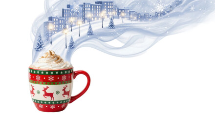 Festive mug with whipped cream puff and snowy winter wonderland scene