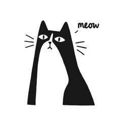 Cute vector illustration of a curious black and white cat saying meow in a whimsical flat design style