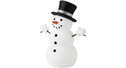 Cheerful snowman with top hat and stick arms on white background