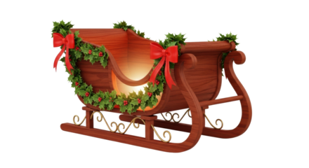 Festive wooden christmas sleigh with holly and red bows