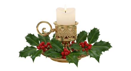 Festive gold candle holder with holly leaves and red berries for holiday decor