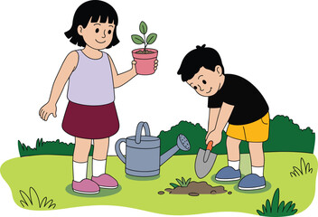 Children gardening together, teamwork in nature, planting activity, environmental education, kids with plants, outdoor learning, eco-friendly lifestyle, spring garden scene