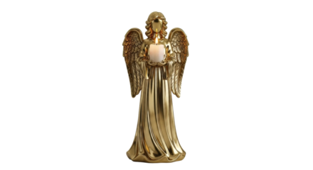 Golden angel figurine holding candle with detailed wings and gown