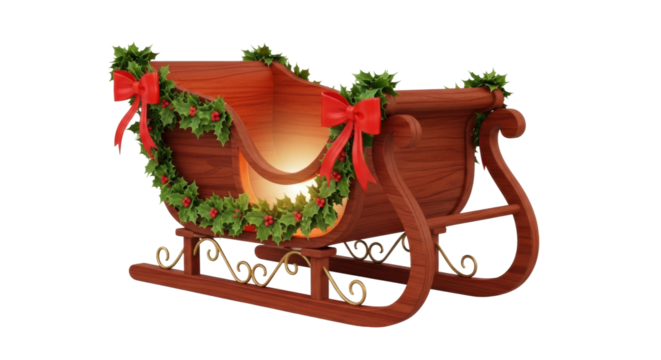 Festive wooden christmas sleigh with holly and red bows
