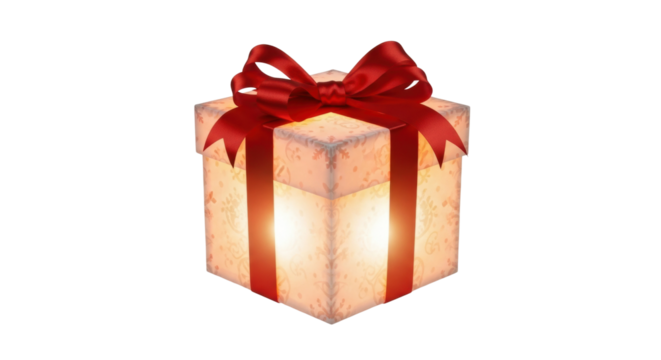 Glowing gift box with red satin ribbon and bow