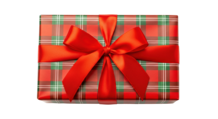 Festive red and green plaid gift box with vibrant bow