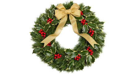 Festive christmas wreath with gold ribbon and red berries on black background