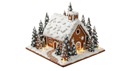 Festive gingerbread house with icing and snow-covered trees in winter wonderland setting