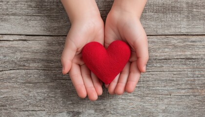Heartwarming Gesture: Red Heart Held By Child And Woman Hands On Wooden Background With Room For Text